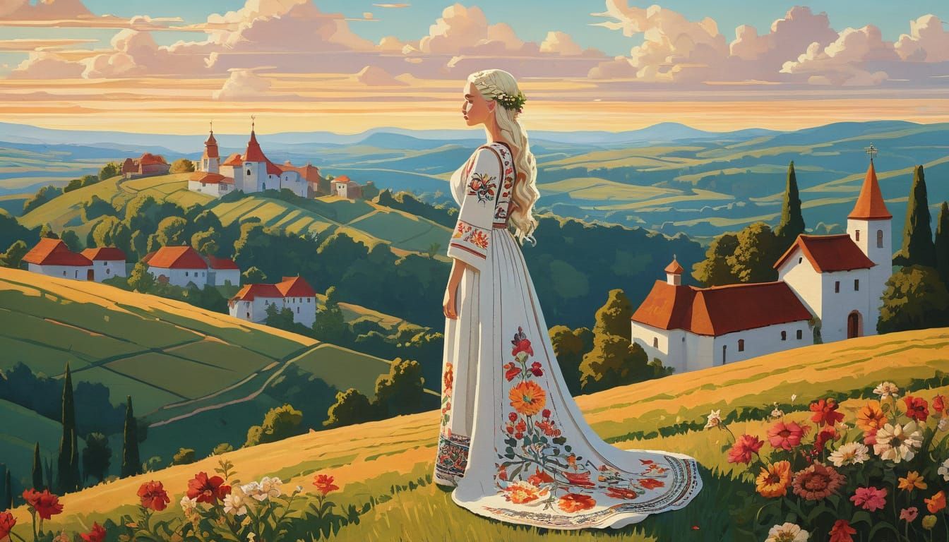 Daenerys Targaryen, dressed in a Ukrainian cross-stitched folk long dress