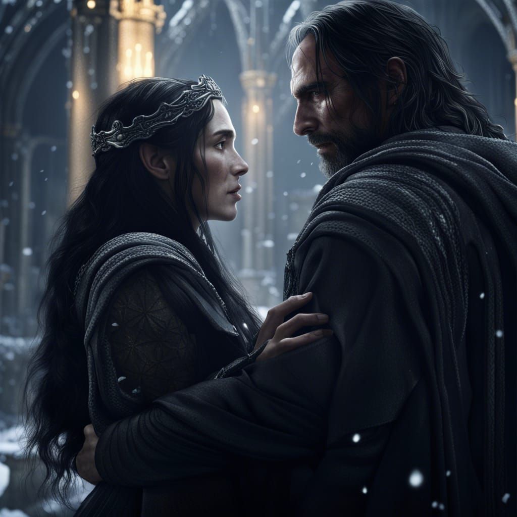 Arwen and Aragorn Embrace in Minas Tirith