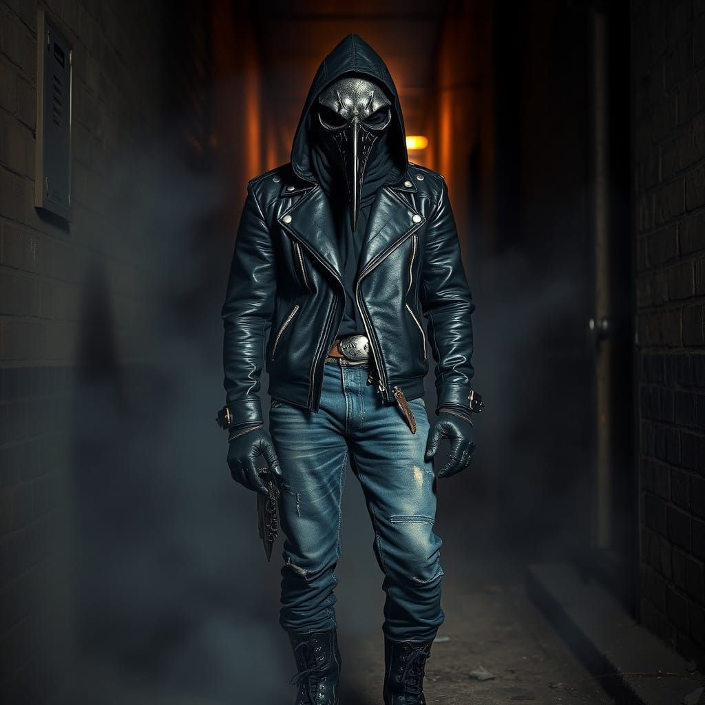 Haunted Plague Doctor Biker in Moody Alleyway