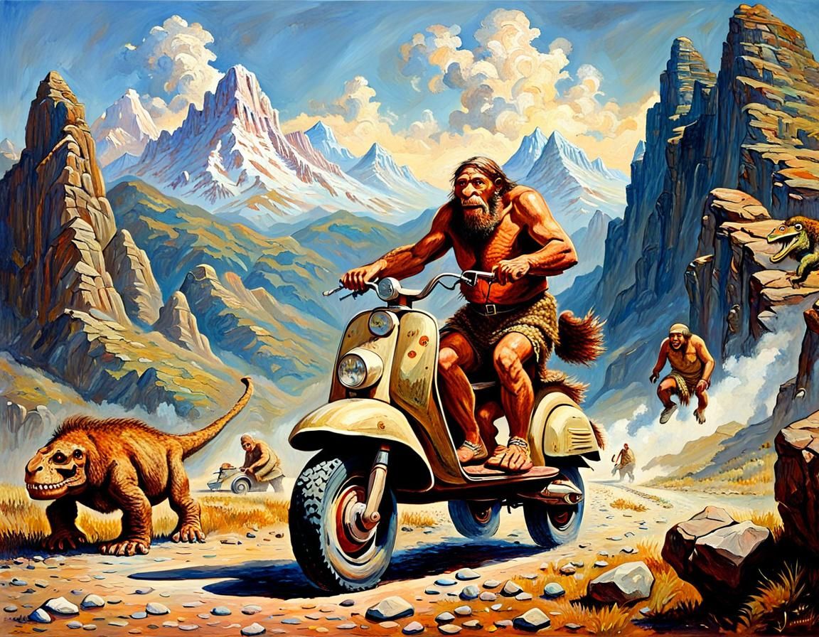 Neanderthal Stone Scooter Chase: An Oil Painting