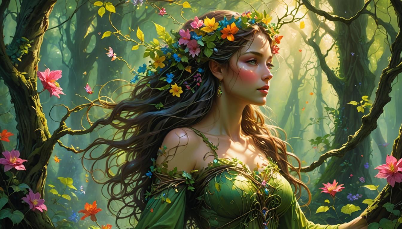 Ethereal Wood Nymph in Forest, Fantasy Art