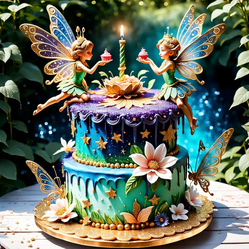 Glittering Fairy Birthday Cake in Garden Setting