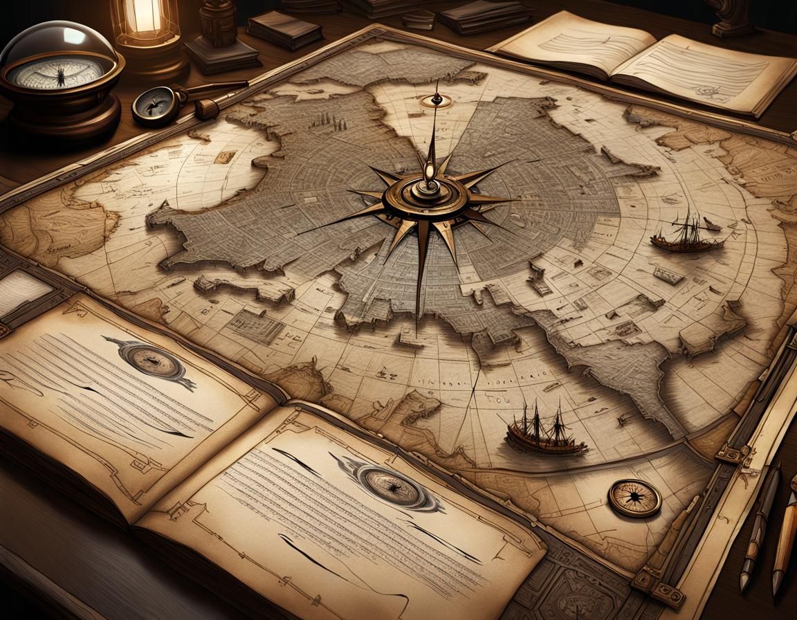 Indiana Jones Style Map with Compass and Journal