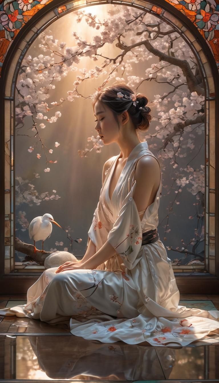 Japanese Girl with Heron in Stained Glass