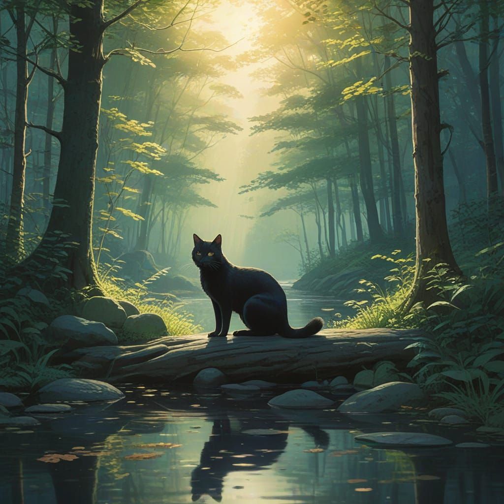 Whimsical Cat Surrounded by Nature in a Studio Ghibli-Inspir...