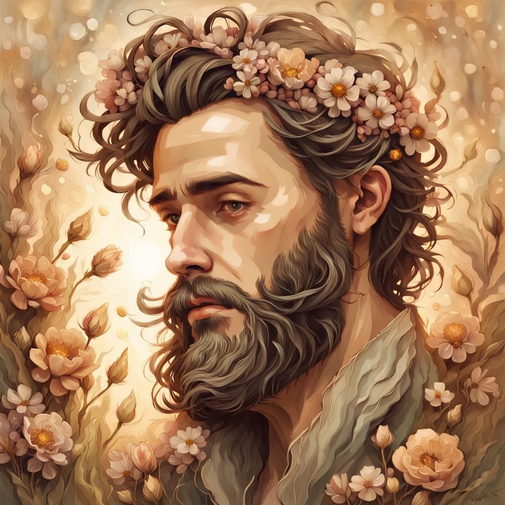 Man's Floral Beard: Whimsical Fantasy Portrait