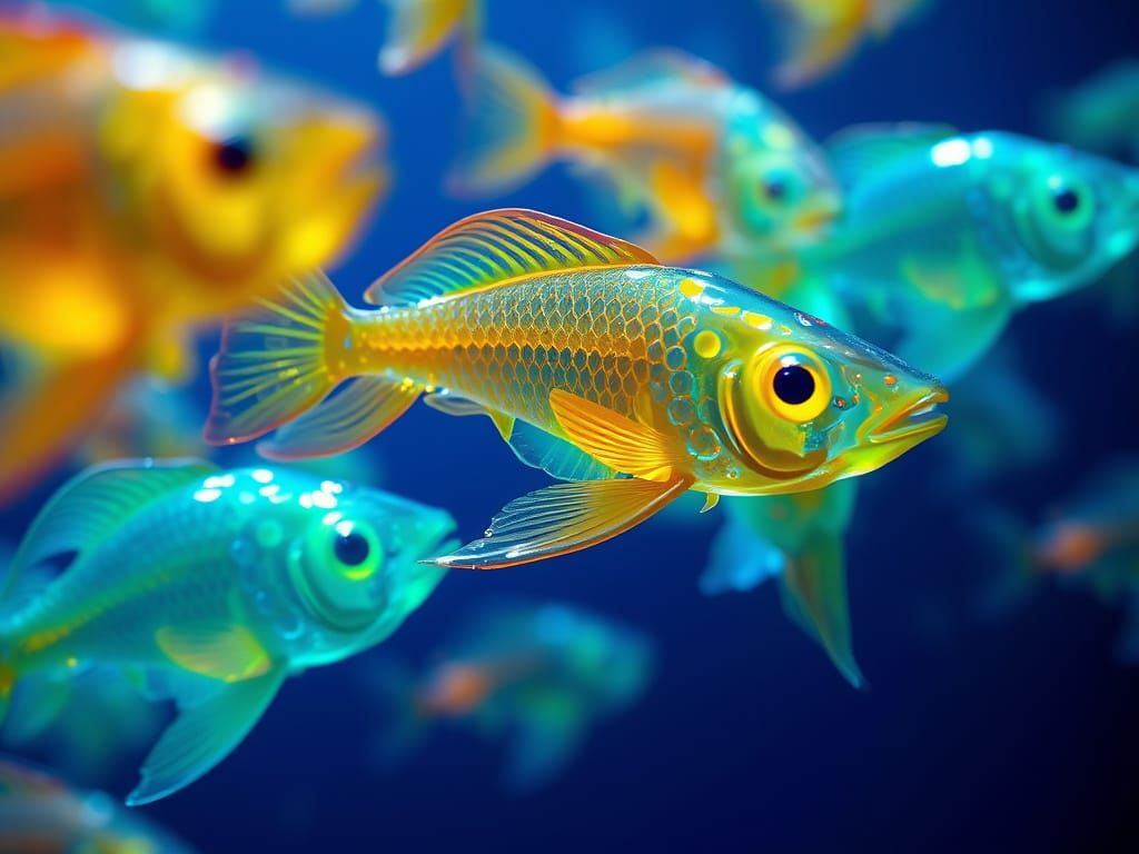 Glowing Gummy Fish in a Dark Blue Digital Environment