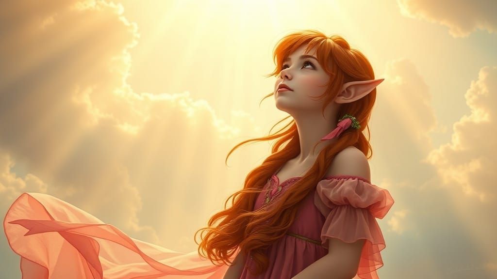 Red-Haired Elf in Flowing Gown Under Divine Sunshine