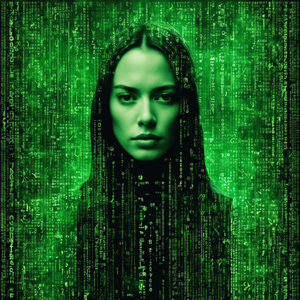 Matrix-Style Portrait in Binary ASCII Art Starscape