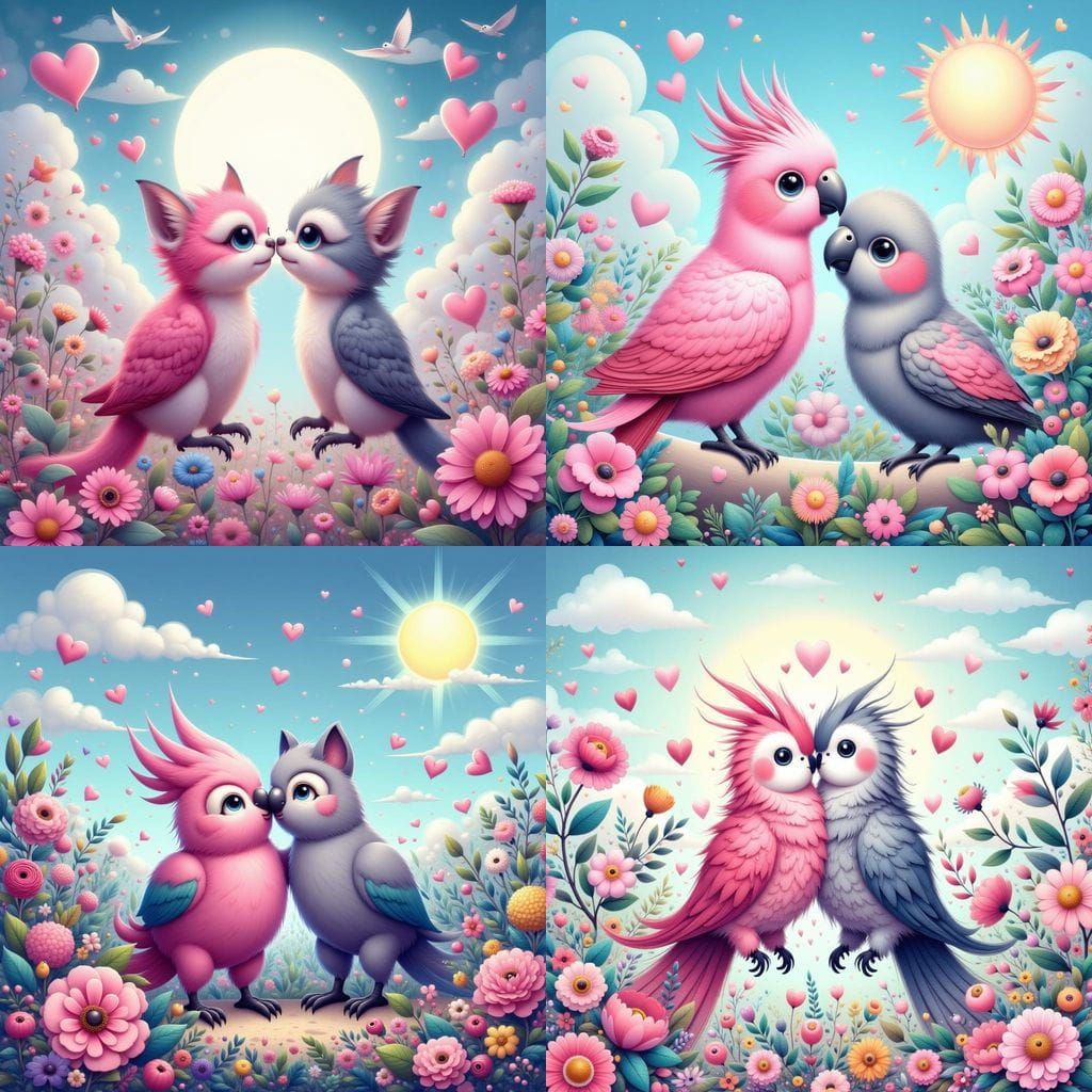 Whimsical Galah Parrot Cat Kissing Amidst Floral Park