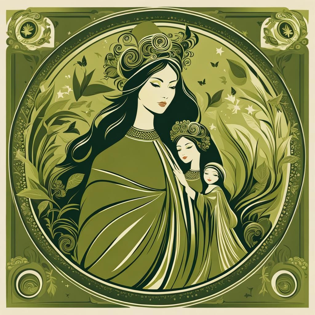 Olive-Toned Mother and Daughter High Fantasy Stamp