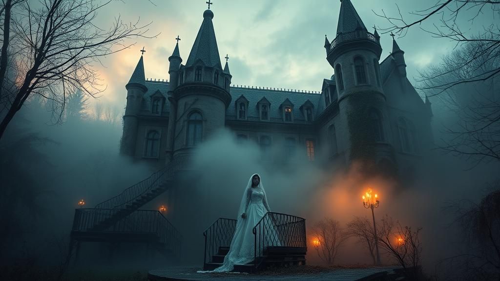 Ghost Bride in Abandoned Asylum at Dusk