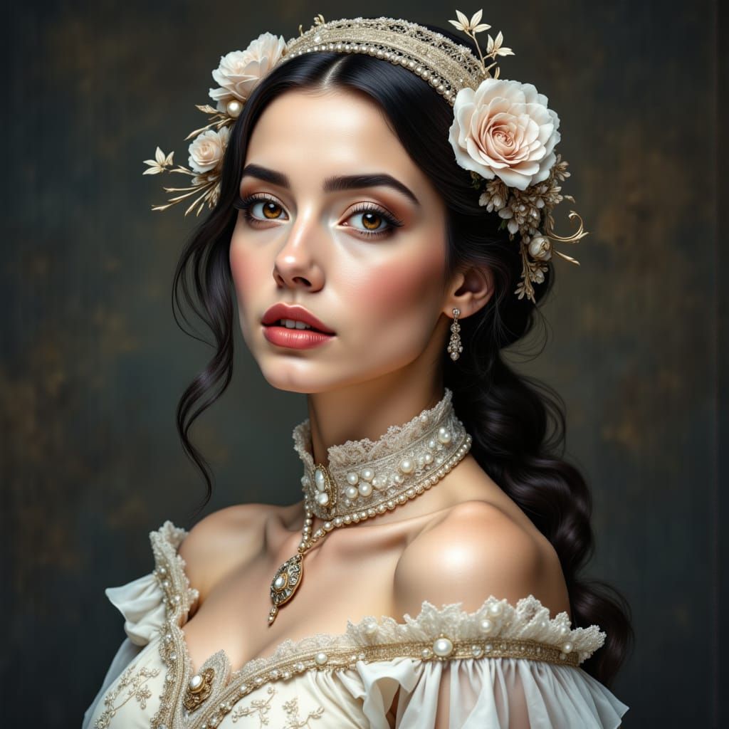 Elegant Woman with Floral Cap, in Art Nouveau Style