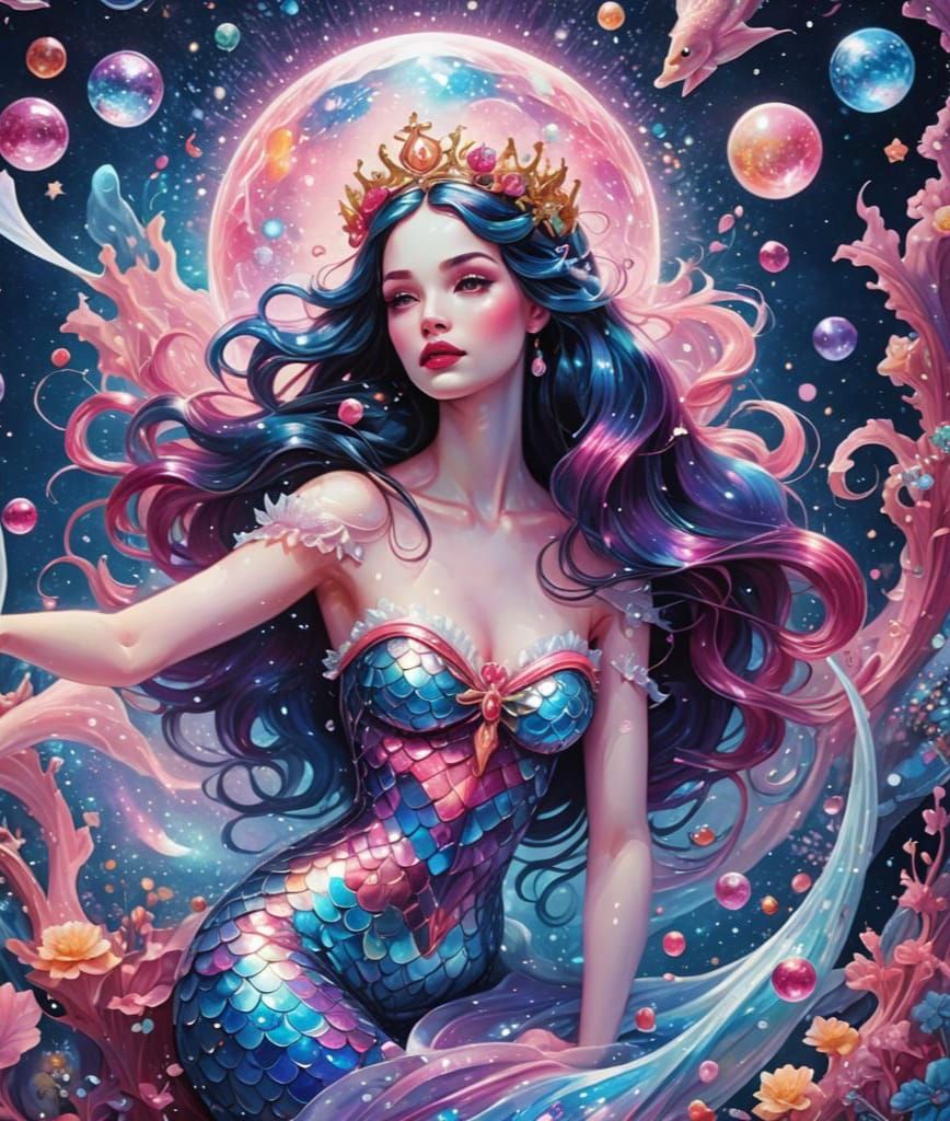 Snow White Space Mermaid in Holographic Illustration