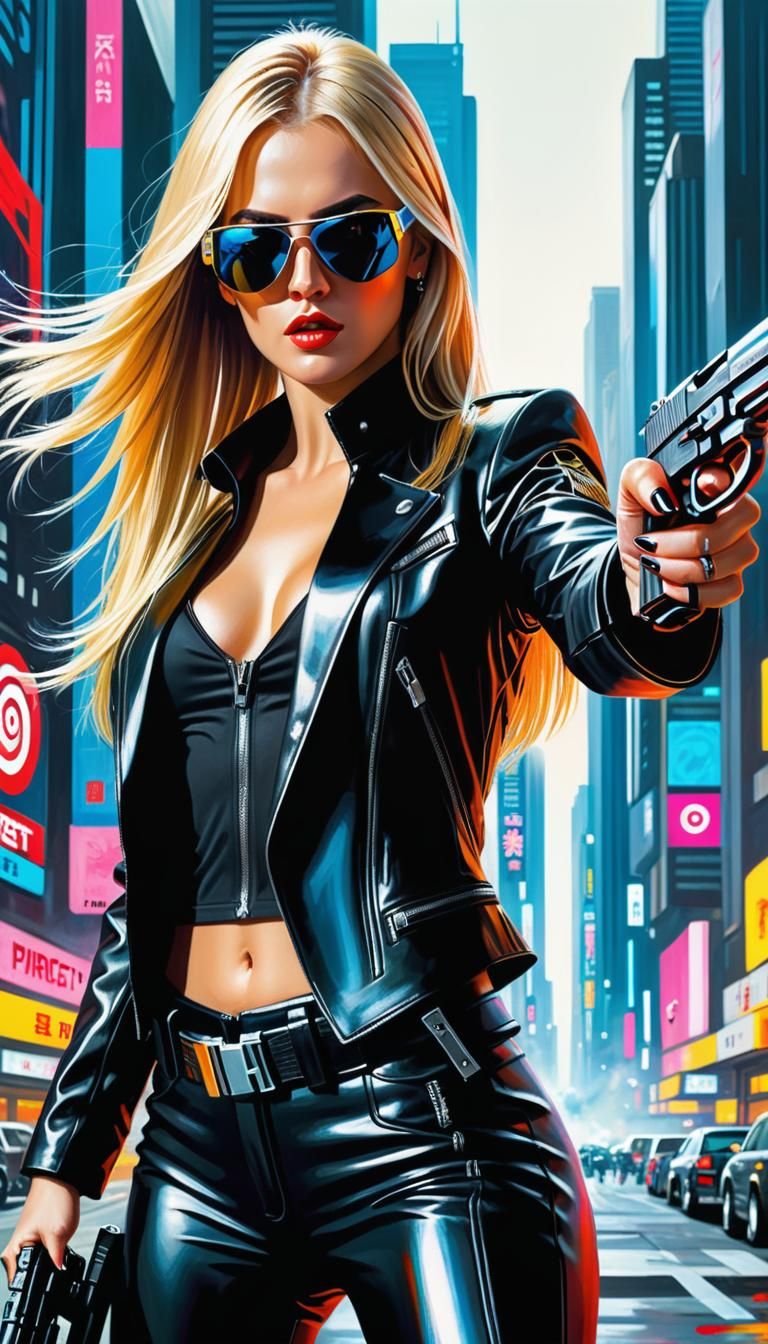 Blonde Gunner in Cyberpunk City, Oil Painting