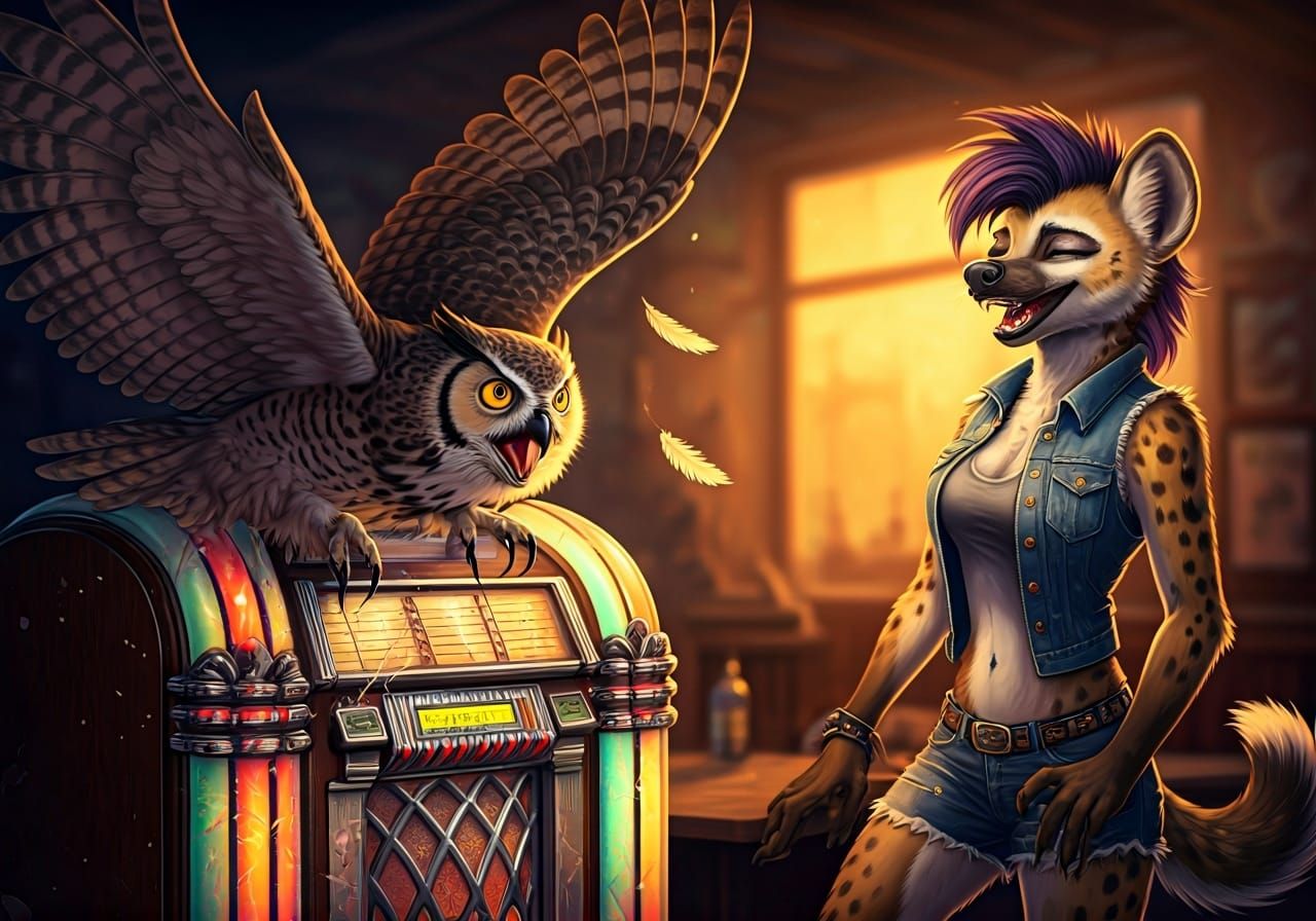 Owl's Jukebox Landing in Gritty Realism Style