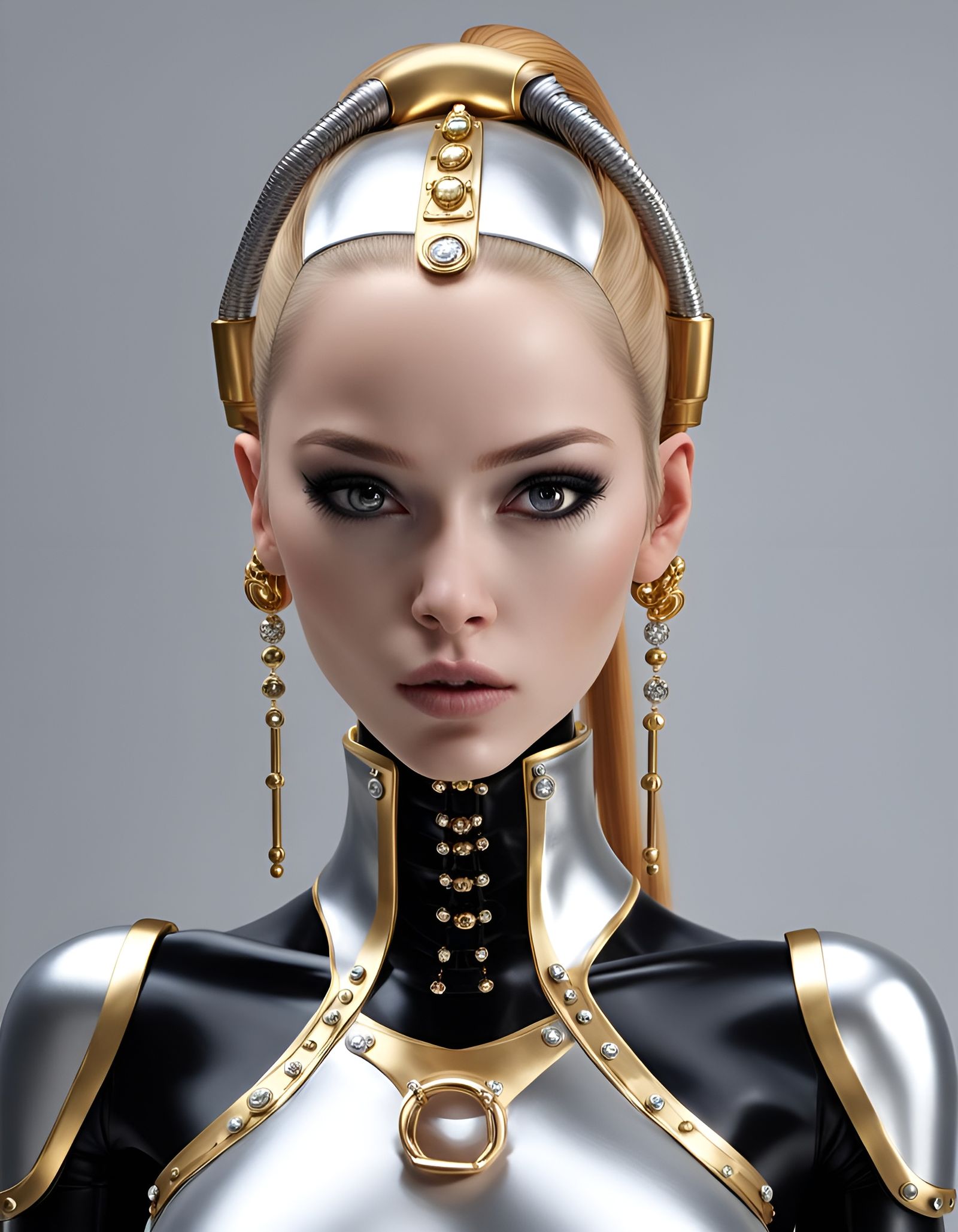 Futuristic Android Goddess with Metallic Ponytail