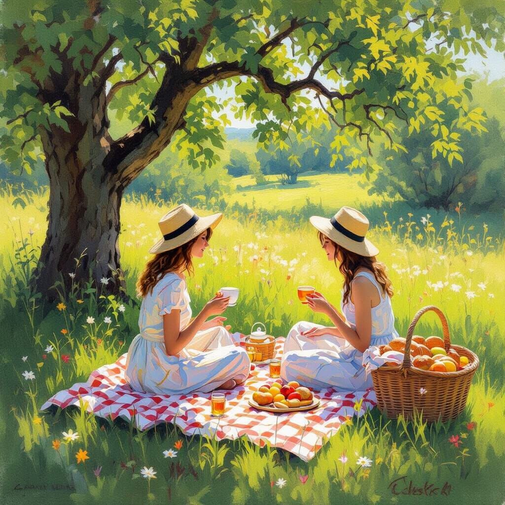 Summer Picnic Scene in Vibrant Impressionistic Style