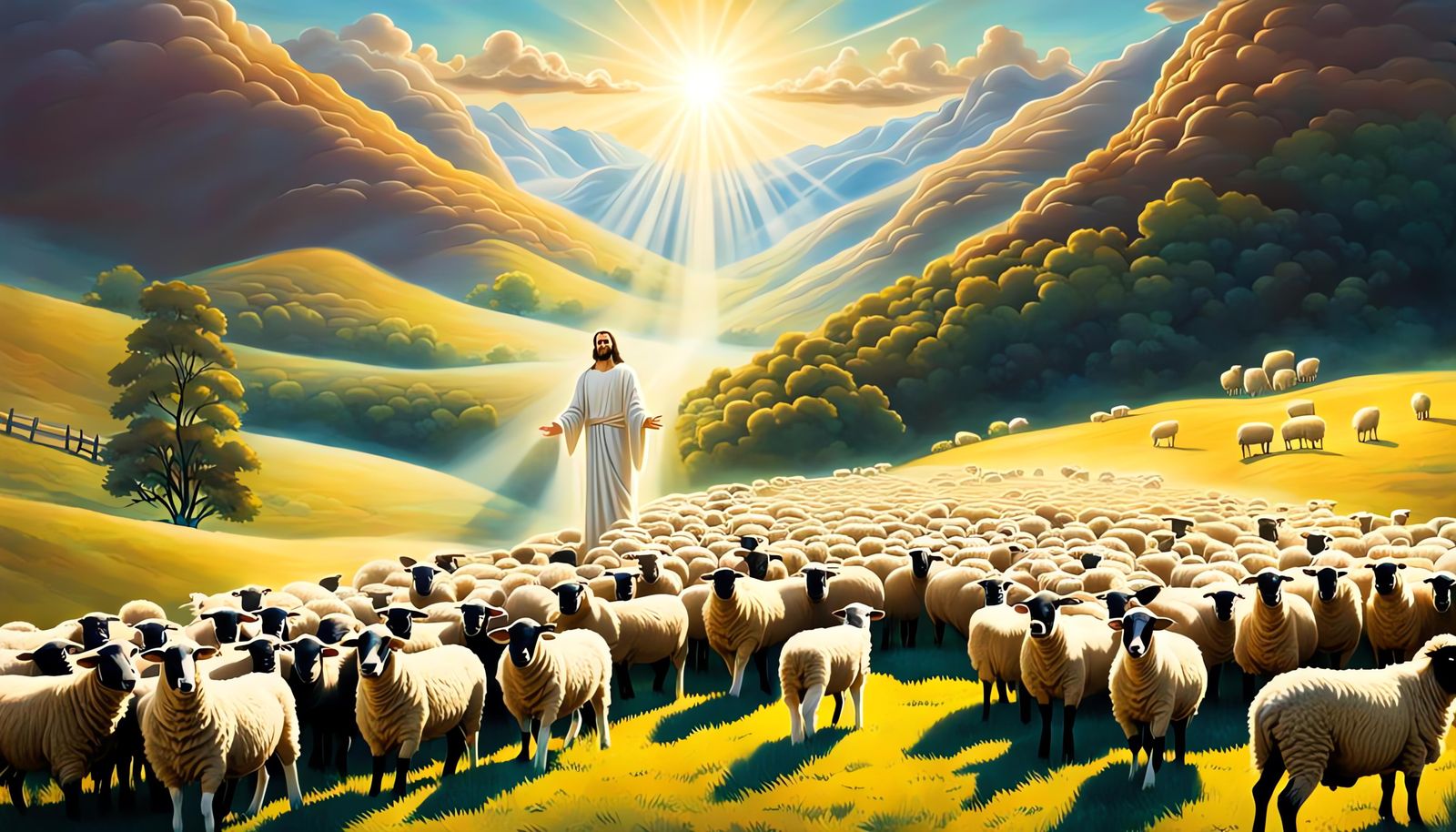 Jesus Christ watching over his flock of sheep between the va...