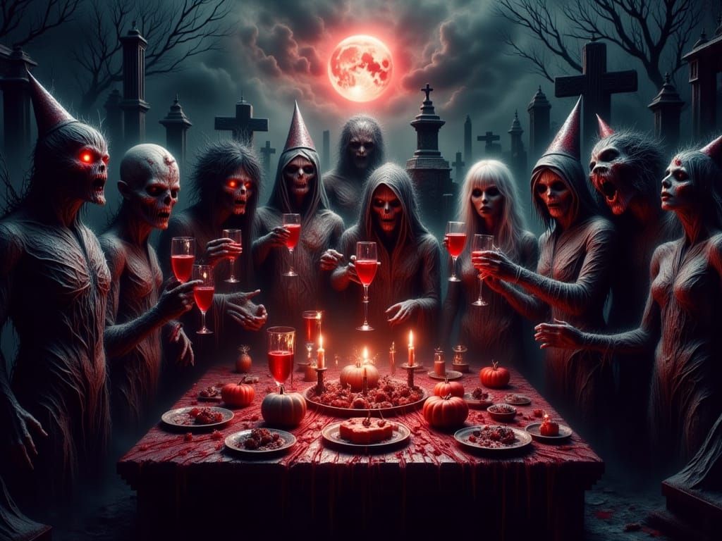 Eerie Graveyard New Year's Eve Party with Monsters