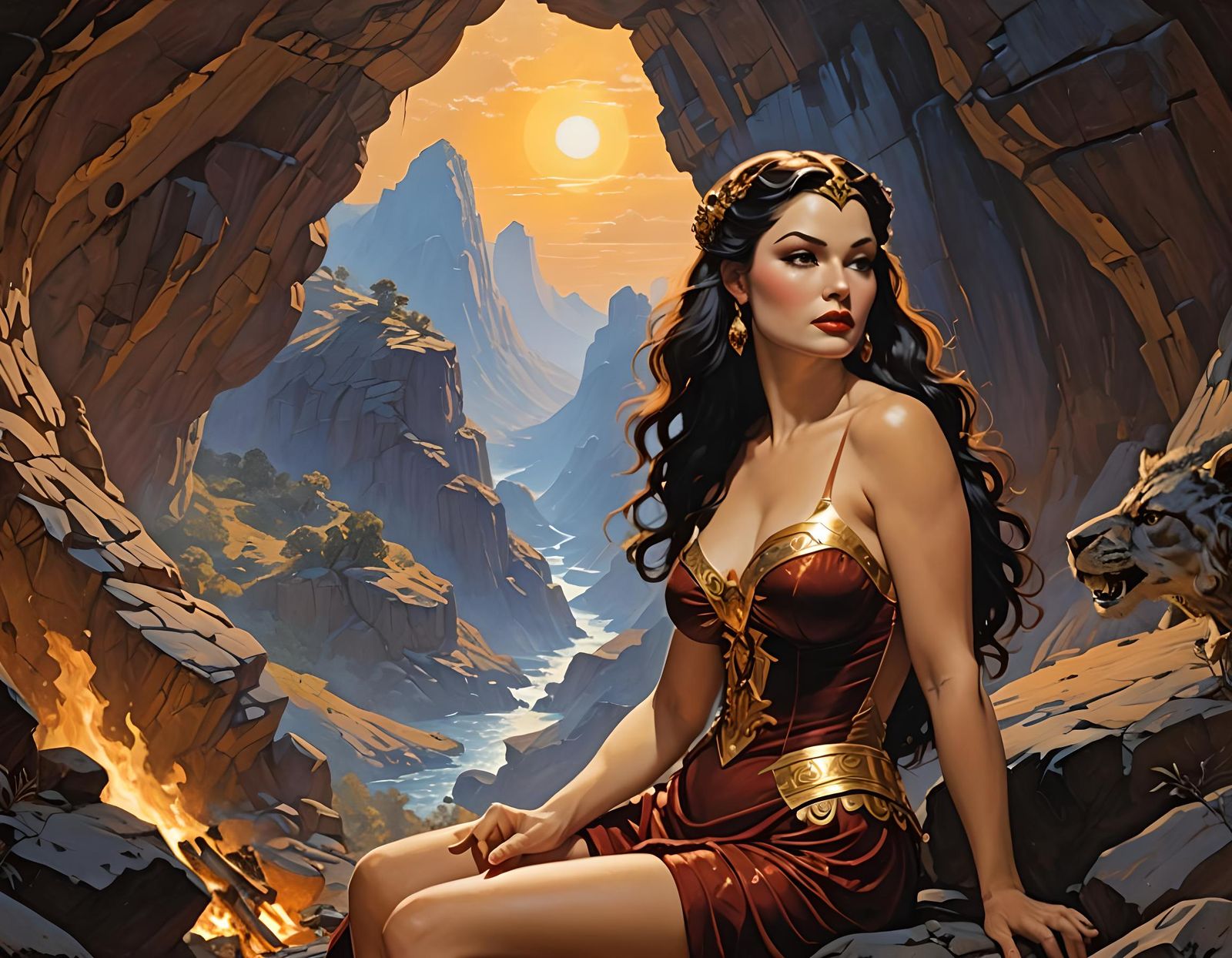 Paleolithic Woman in Cave, Oil-Realism Painting