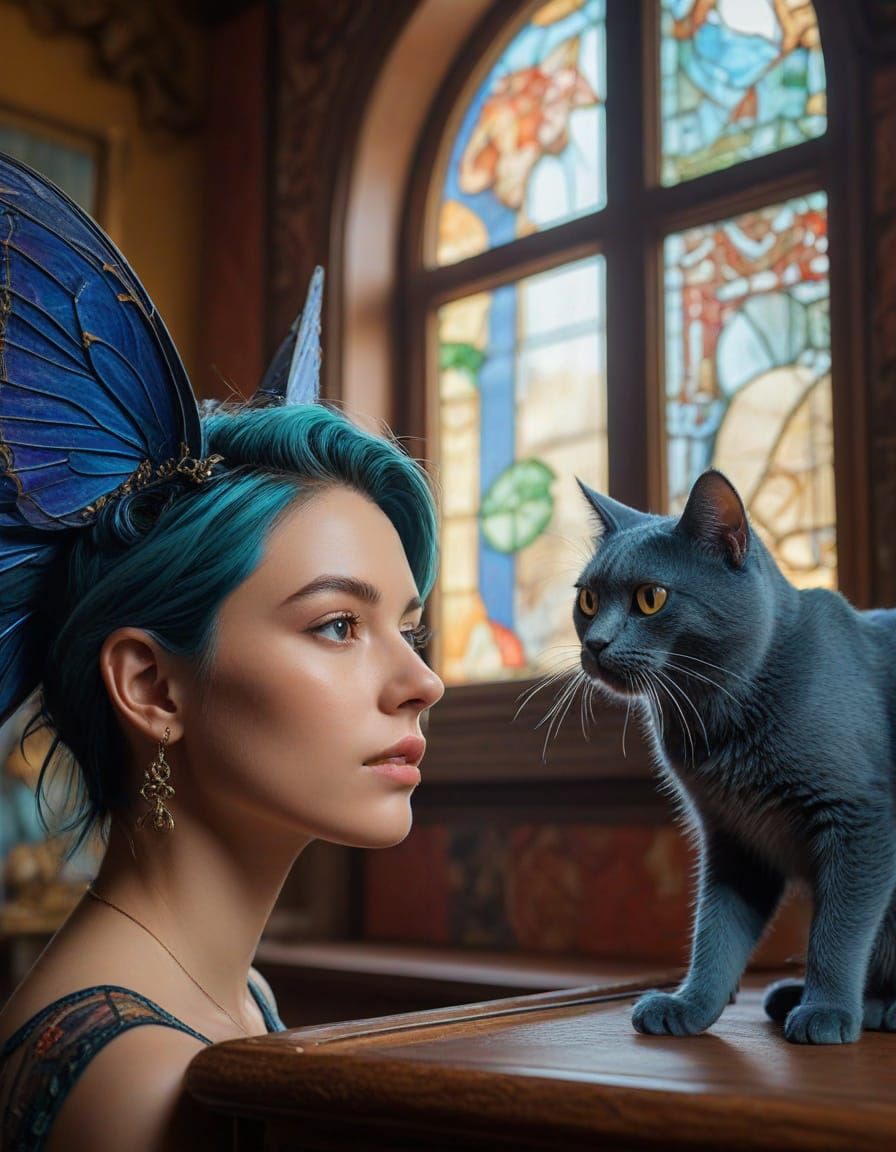 Magical Room with Androgynous Person and Blue Cat
