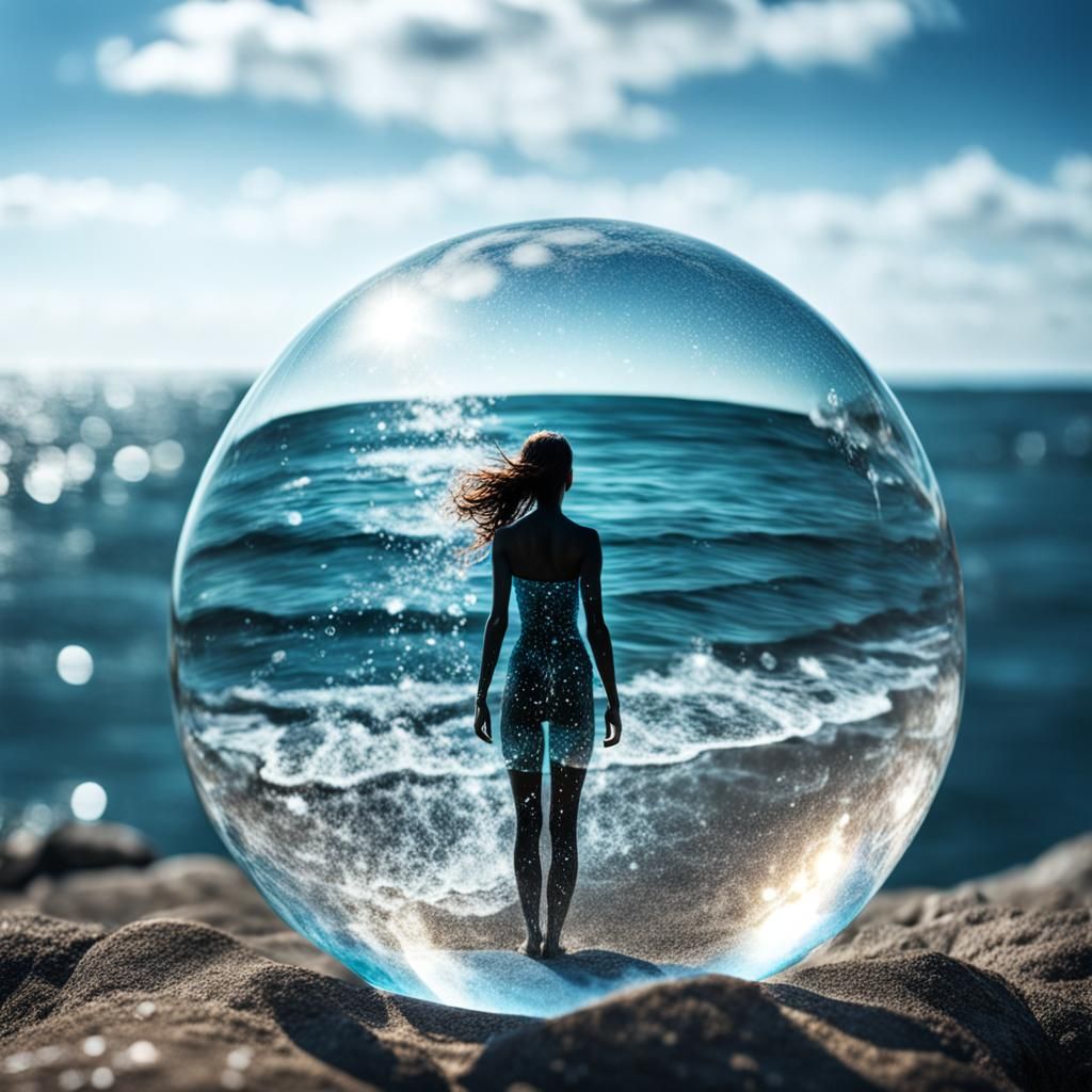 Crystal Woman in Glass Bubble Above Sea