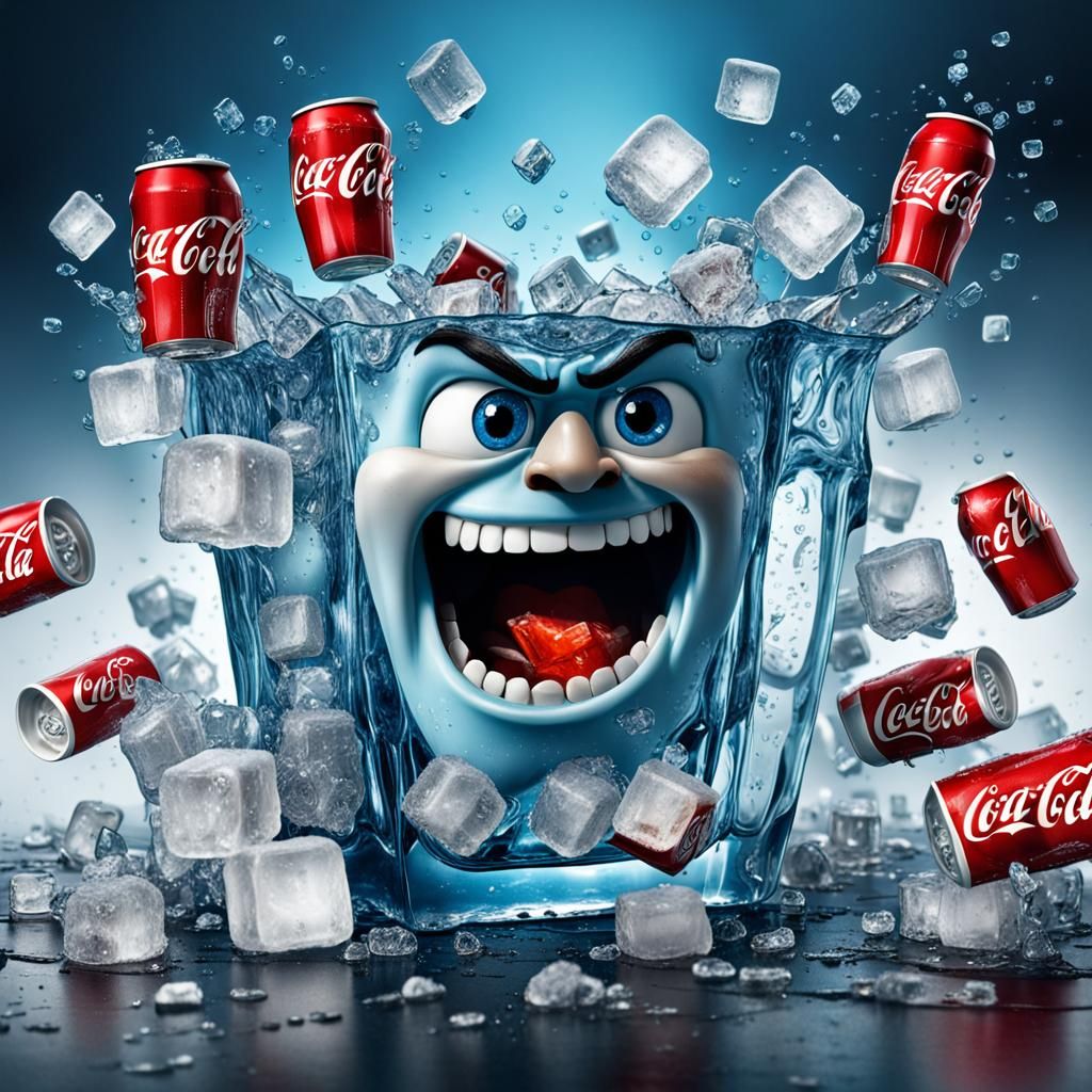 Startled ice cubes with expressive eyes and mouth
