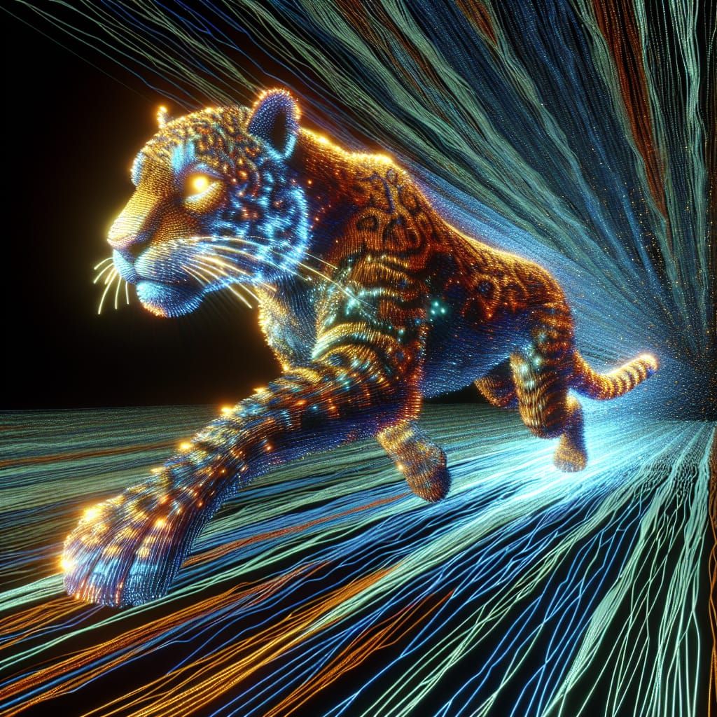 Luminescent 3D Jaguar Ripping Through Metallic Canvas