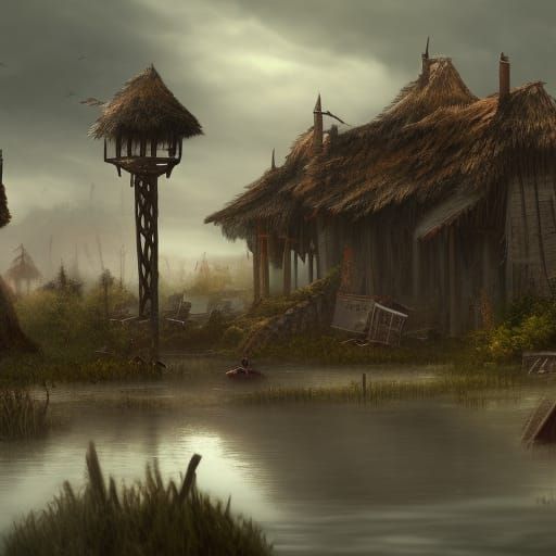 Fantastical Stilt Village in a Bog: Matte Painting