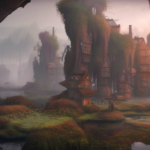 Fantastical Stilt Village in a Bog: Detailed Matte Painting