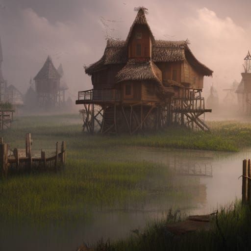 Fantastical Village on Stilts in a Bog