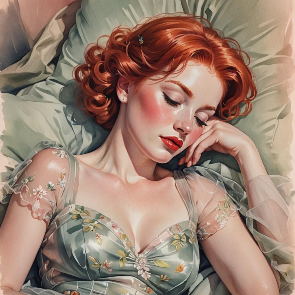 Dreamy Pinup Art of Redhead in Pastel Gouache