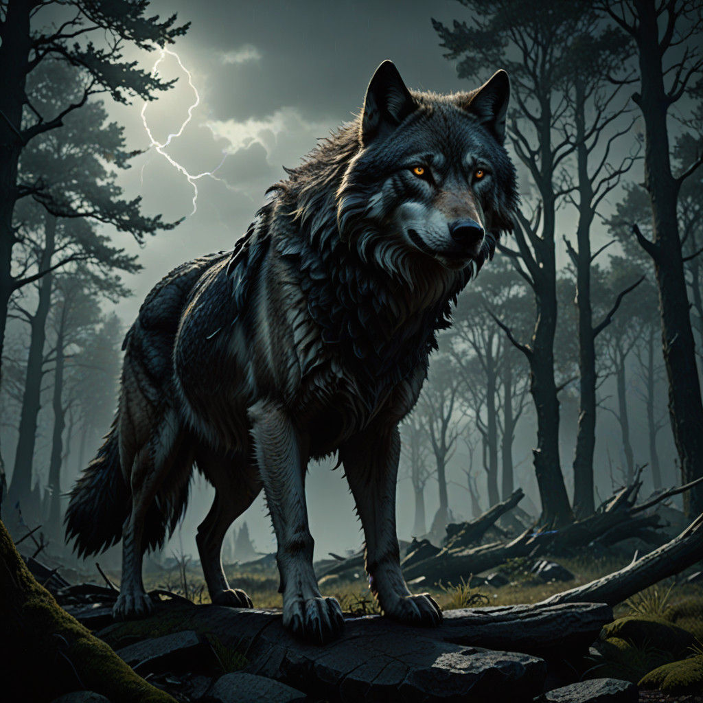 Grey Wolf Stands Alone in a Mystical Stormy Forest
