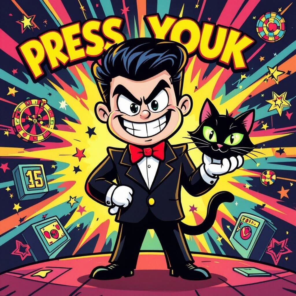 Whammy Character With Black Cat in 80s Cartoon Style