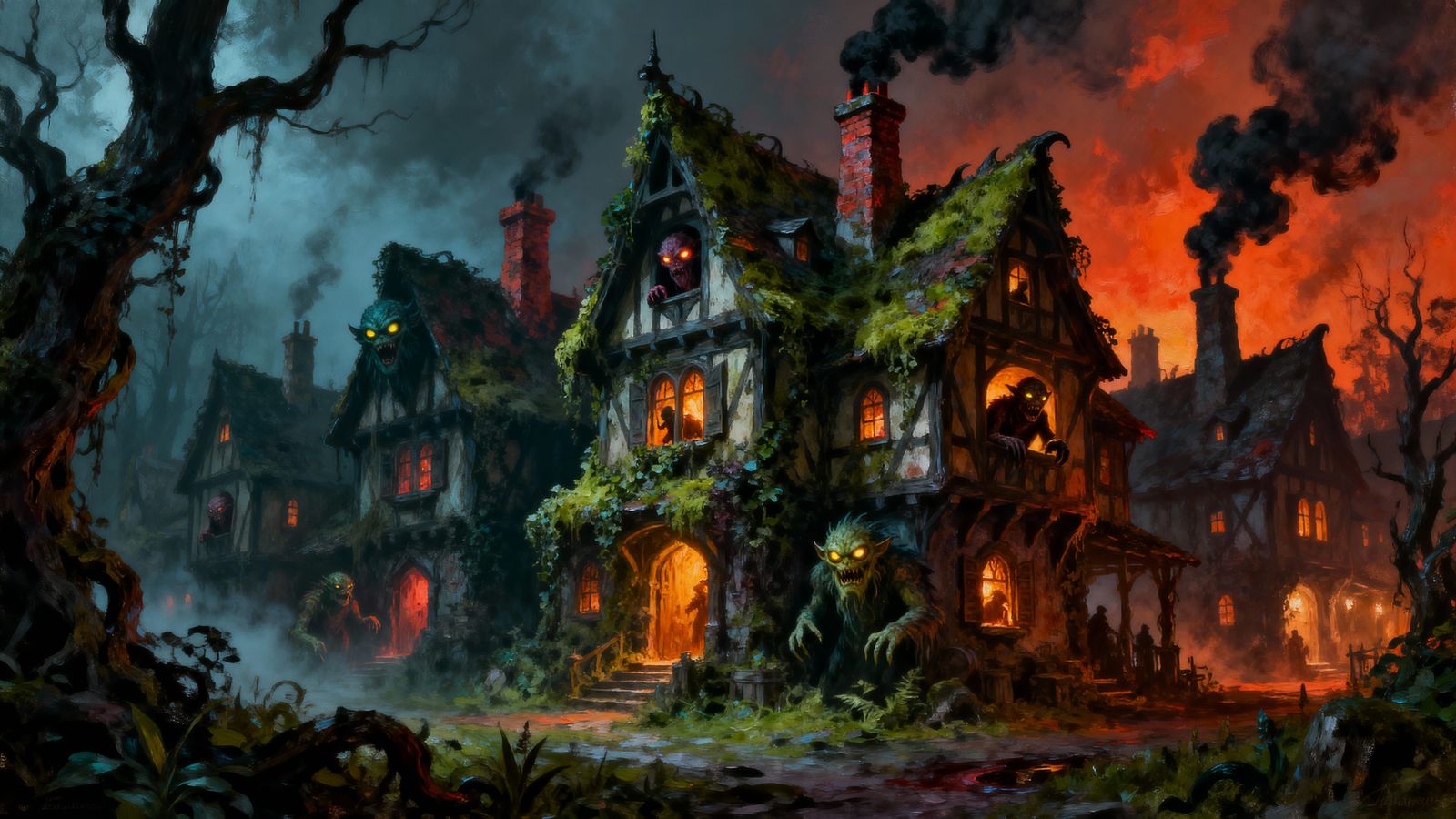 Majestic Scary Monster Village in Epic Oil Painting Style