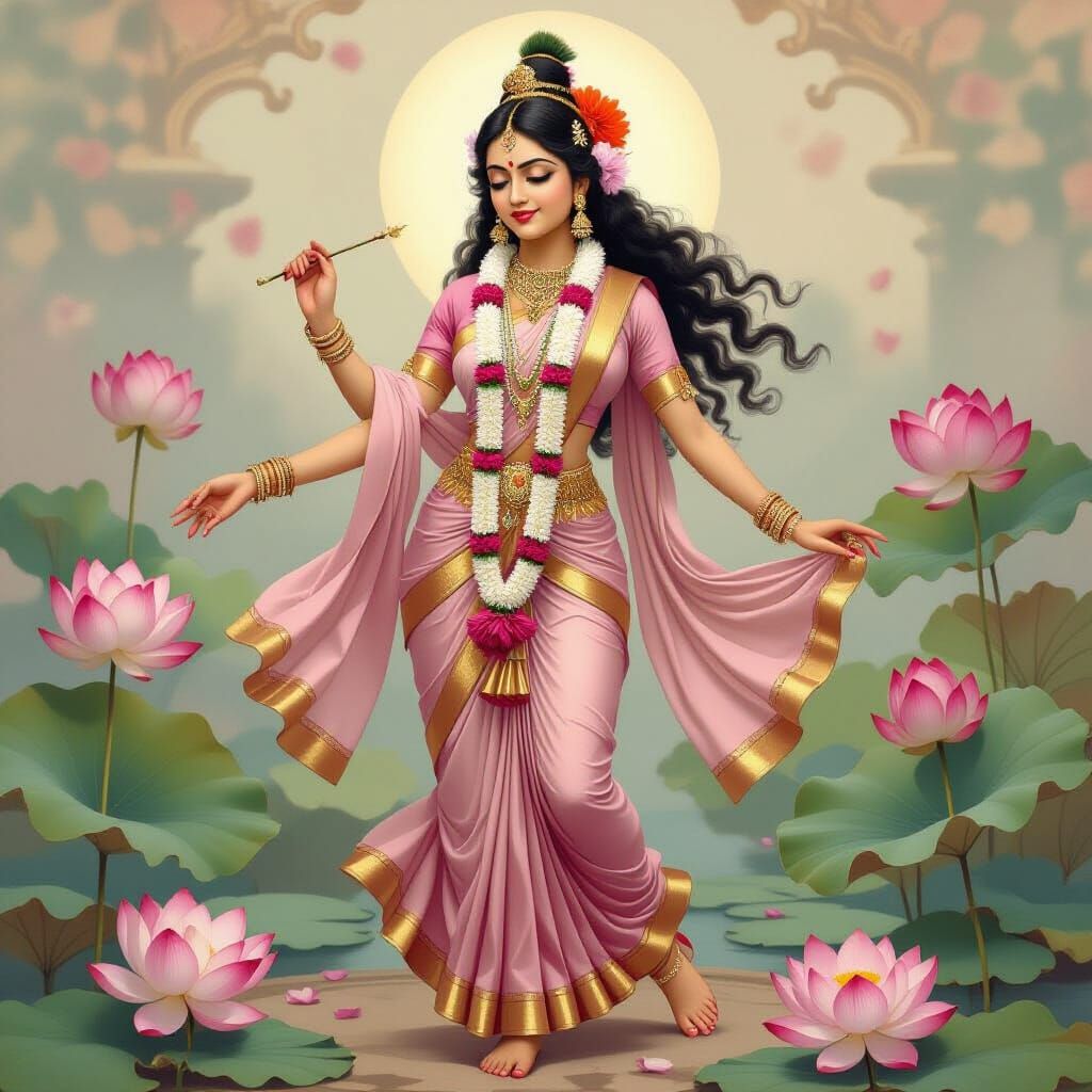 Indian Goddess Dancing with Lotus Flowers in Traditional Sty...