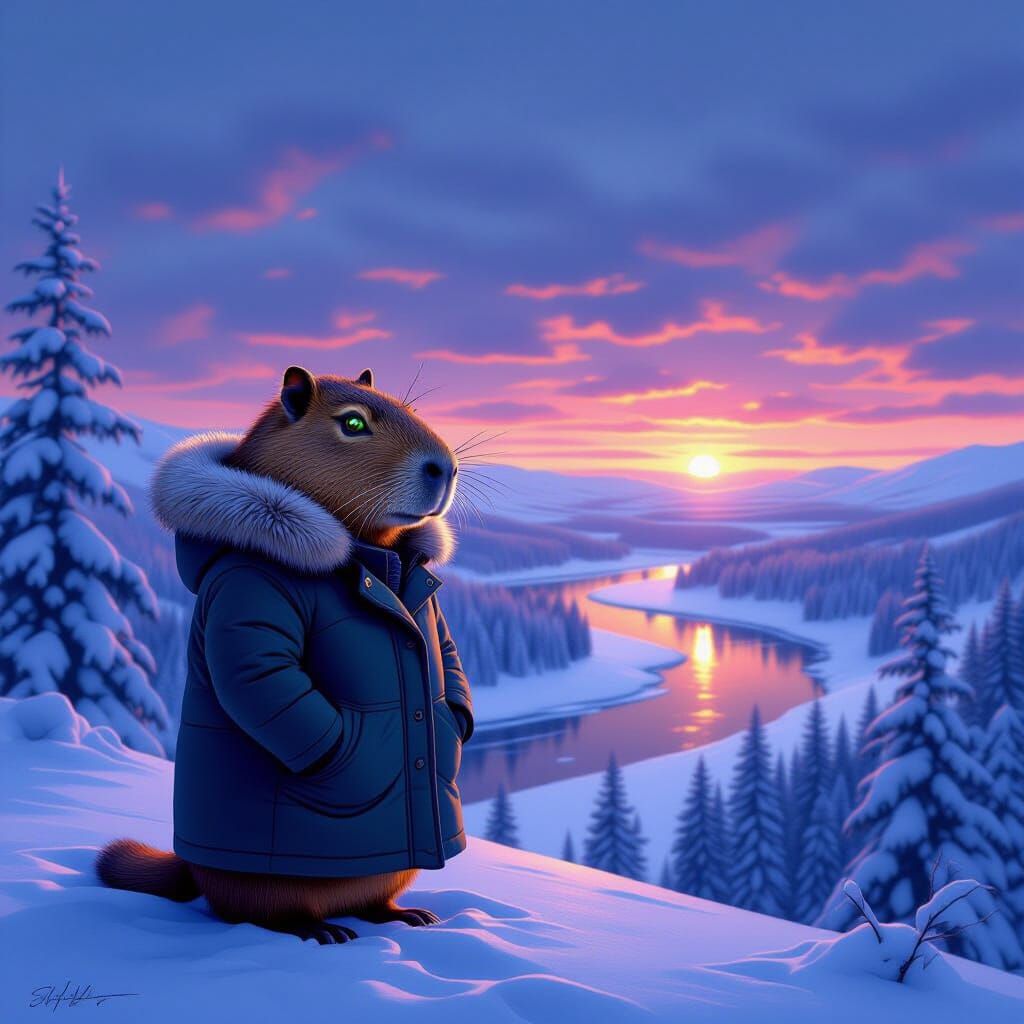 Capybara in Winter Coat Overlooking Frozen Landscape