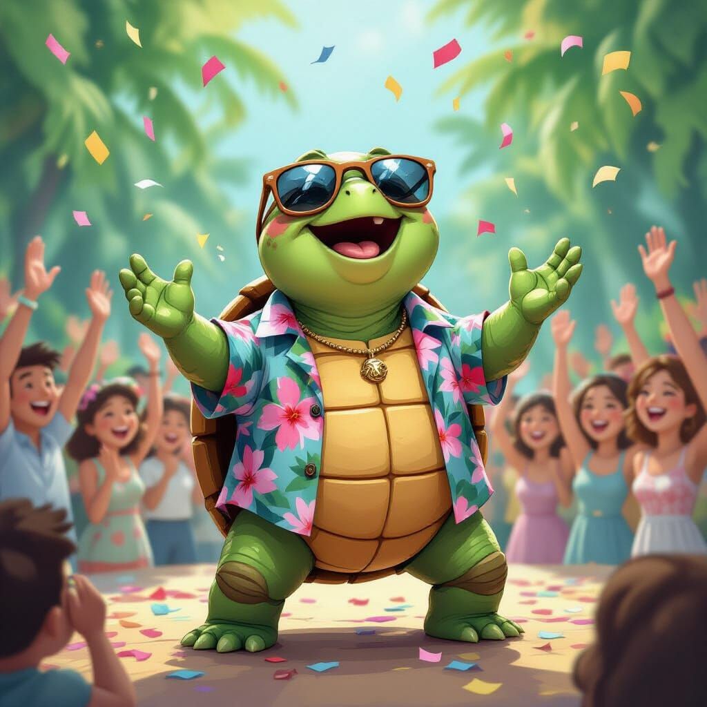 Joyful Singing Turtle Celebrates in Storybook Scene