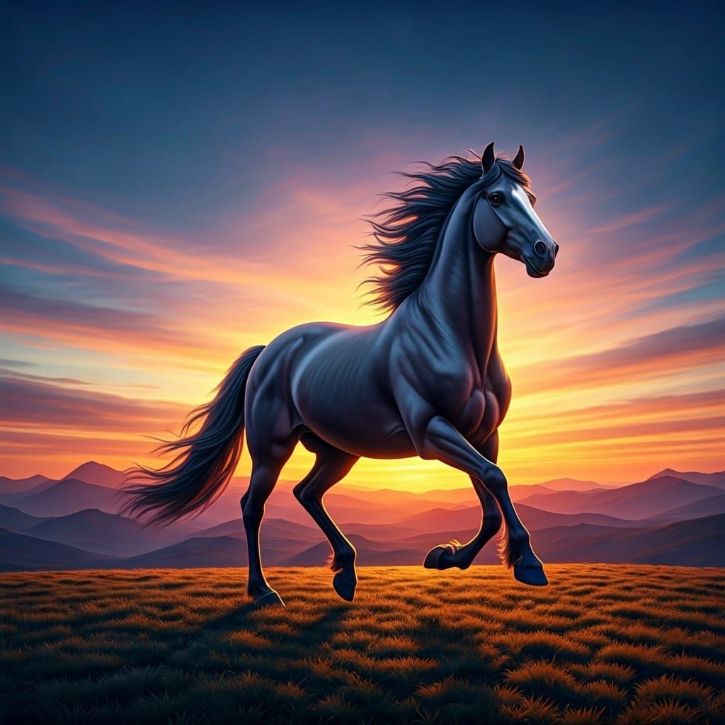 Majestic Stallion Galloping at Sunset: 3D Digital Art