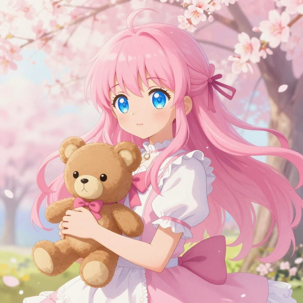 Cute Anime Girl with Pink Hair and Teddy Bear