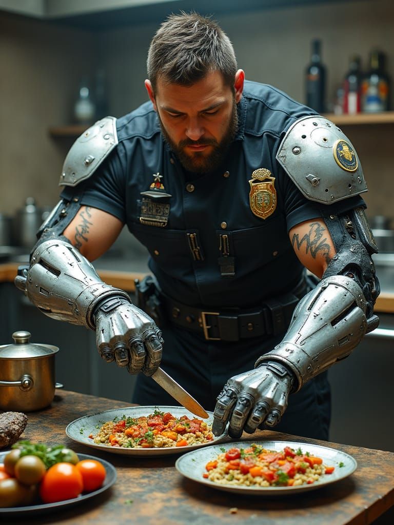 Cyborg Chef Prepares Gourmet Meal in Field Kitchen