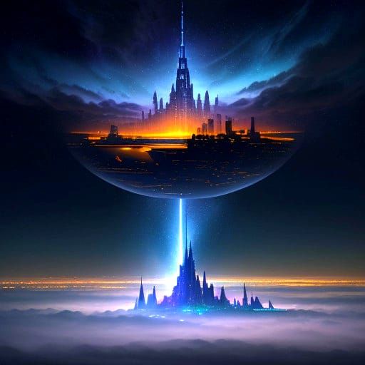 Ethereal Cloud City Radiates Golden Light Among the Stars