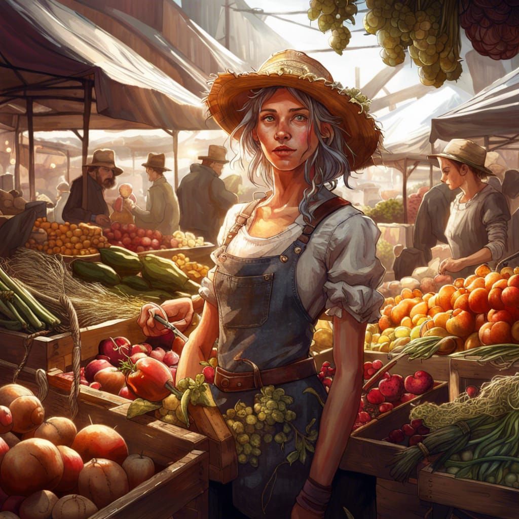 Gorgeous Farmer Girl at Bustling Market: Fantasycore Art