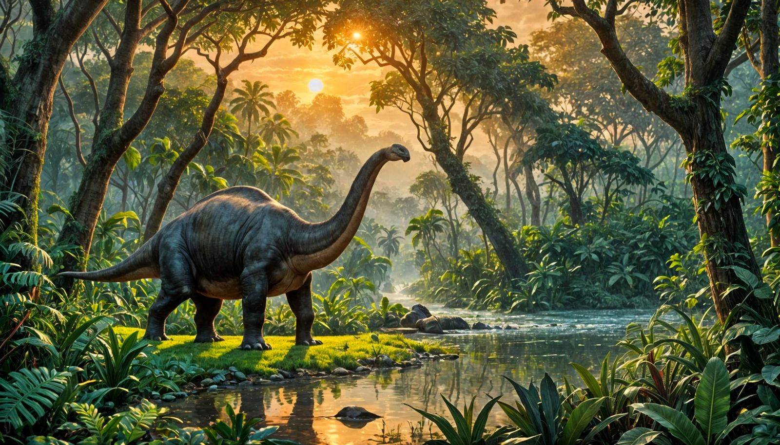 Apatosaurus in Lush Jungle at Sunrise