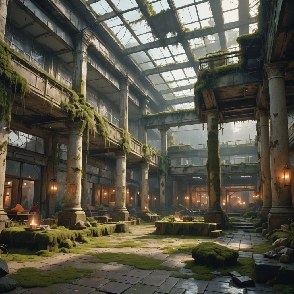 Nomads in Ruined Mall: Matte Painting Concept Art