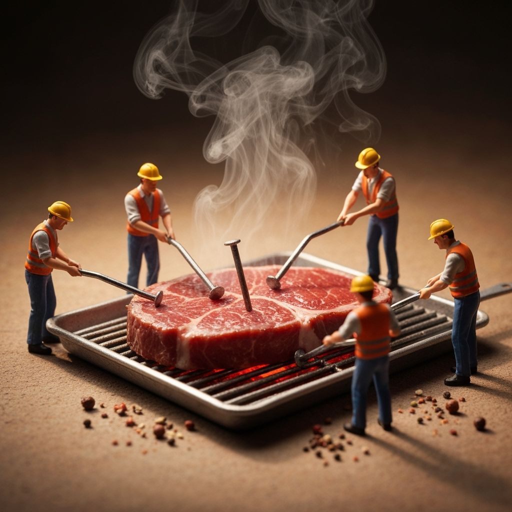 Miniature Construction Workers Grill Giant Steak