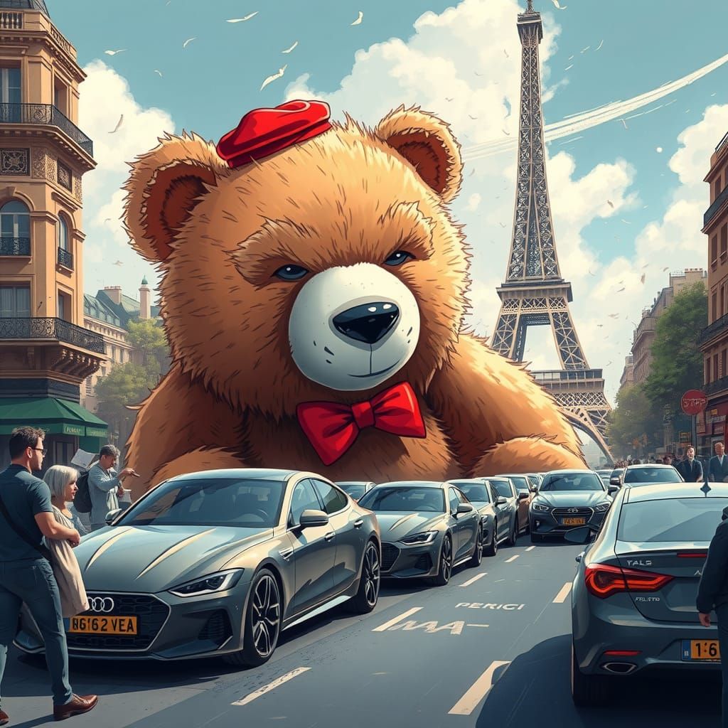 Giant Teddy Bear Eats Cars in Paris