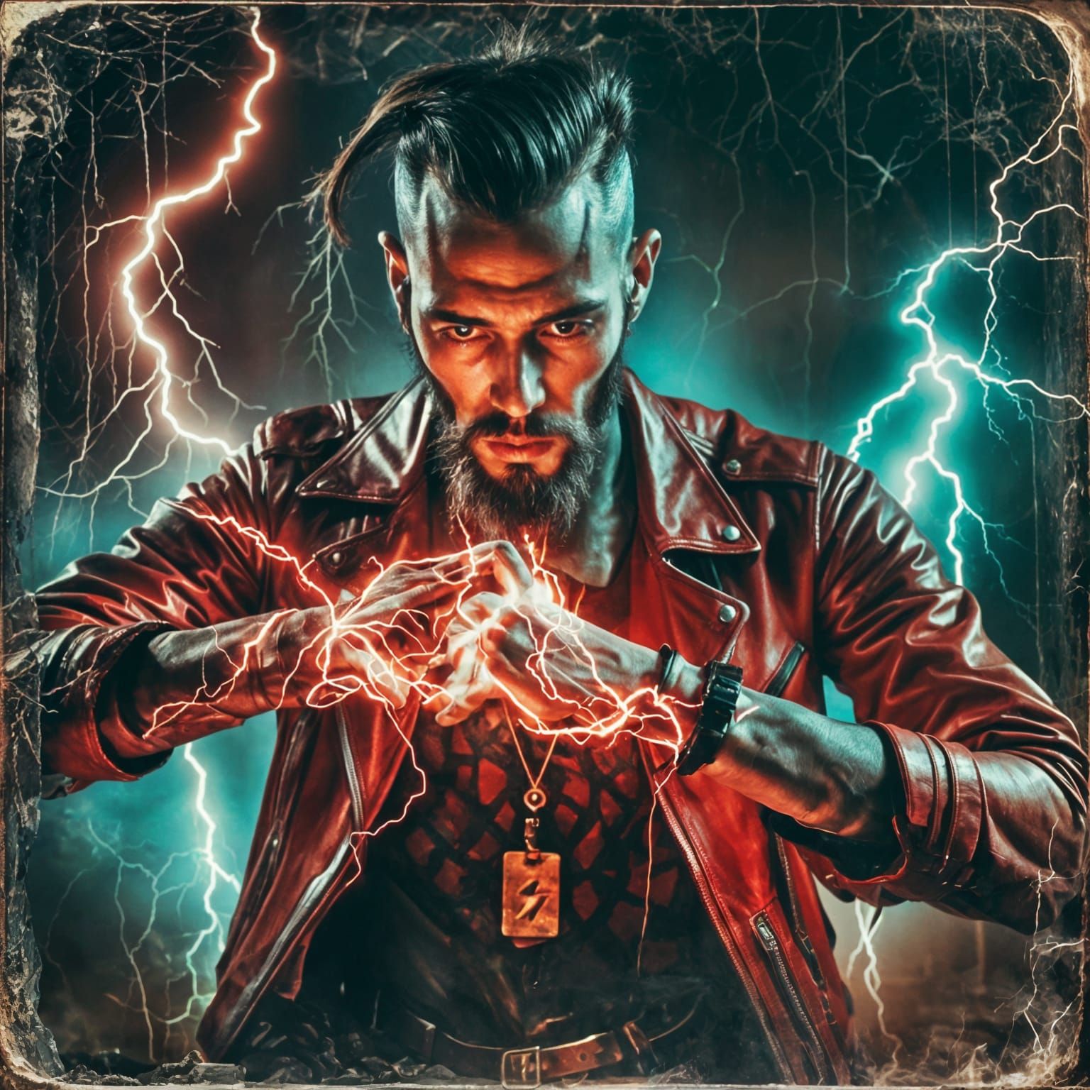 Sorcerer Conjuring Lightning in Grunge Retro Style