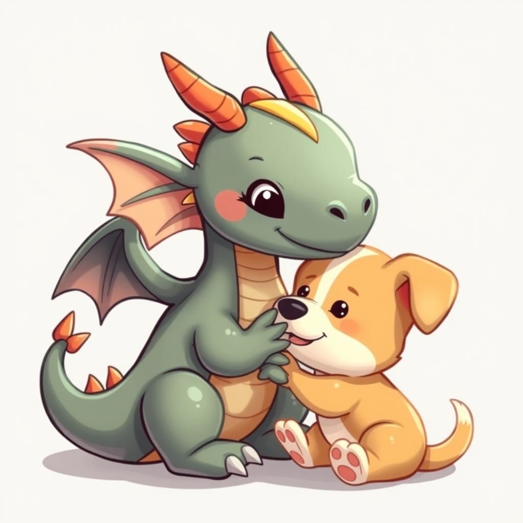 Chibi Style: Baby Dragon and Puppy Playing